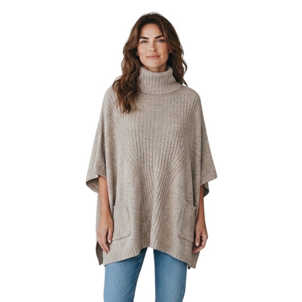 Isaac Mizrahi Live Womens Heathered Tan Ribbed Turtleneck Poncho Sweater XXS/XS